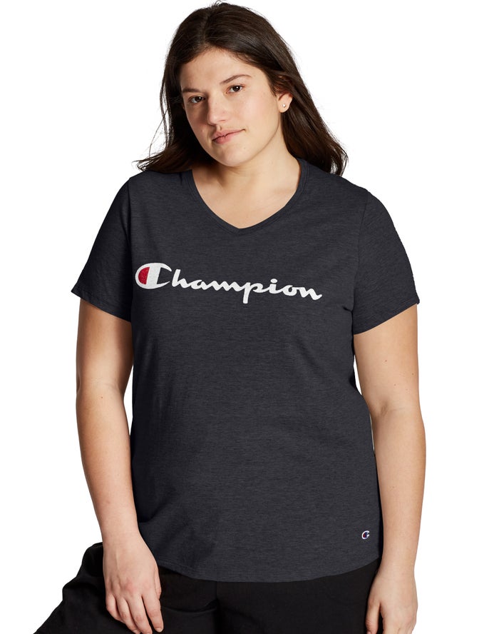 Champion Plus Jersey V-Neck Script Logo - Naisten Mustat T-Paita - Suomi 1937582-HJ